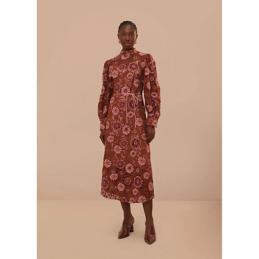 FARM Rio Floral Lace Midi Dress Mock Neck Puff Sleeve Belted Brown Pink Size M